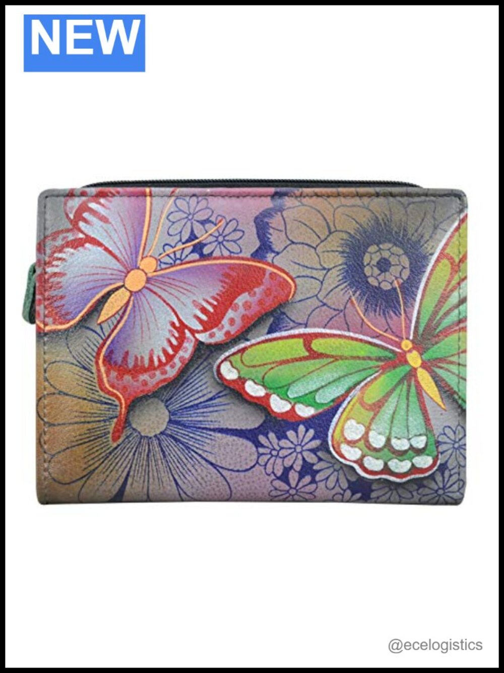 Hand-Painted Genuine Leather Two Fold Clutch Wallet with Butterfly Artwork,